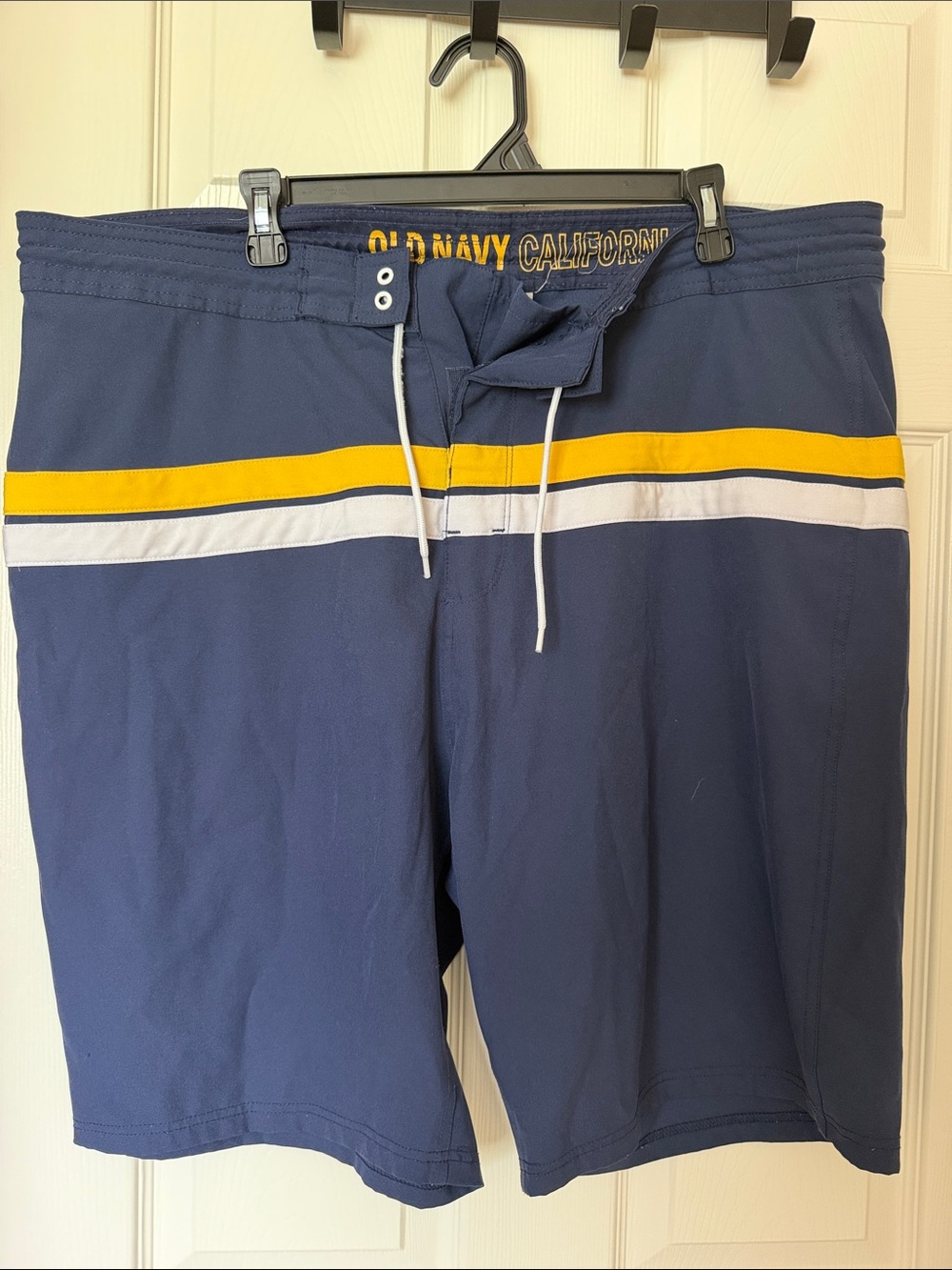 Old Navy Navy Swim Board Shorts with Yellow and White Stripes